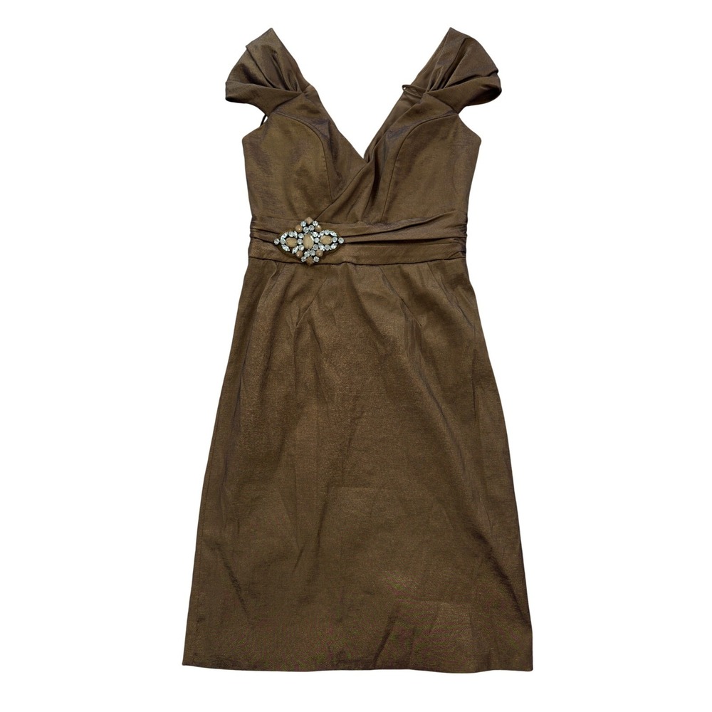 Badgley Mischka Bronze Metallic Crystal Brooch V-Neck Cocktail Dress Size 4 USA
